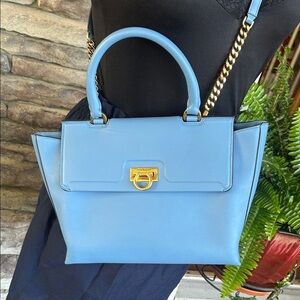 Salvatore Ferragamo Light Blue tri folio Satchel with Gold Hardware